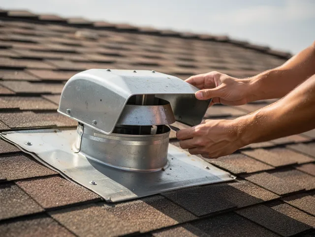 Lakeland Village Dryer Vent Cleaning certified technician safely cleaning a roof-mounted dryer vent in Lakeland Village