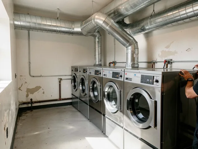 Lakeland Village Dryer Vent Cleaning team performing large-scale commercial dryer vent cleaning in Lakeland Village