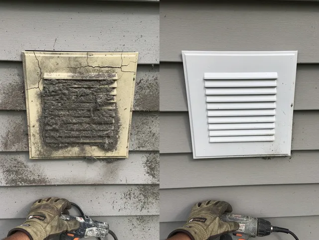 Lakeland Village Dryer Vent Cleaning technician installing high-quality dryer vent cover at a residential property in Lakeland Village