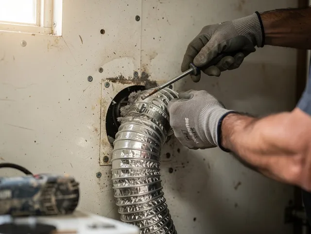 Lakeland Village Dryer Vent Cleaning technician performing precise dryer vent hose installation in Lakeland Village